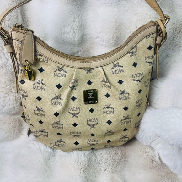 MCM Tan Hobo/Crossbody Bag with Monogram and Leather Trim - Picture 1 of 14